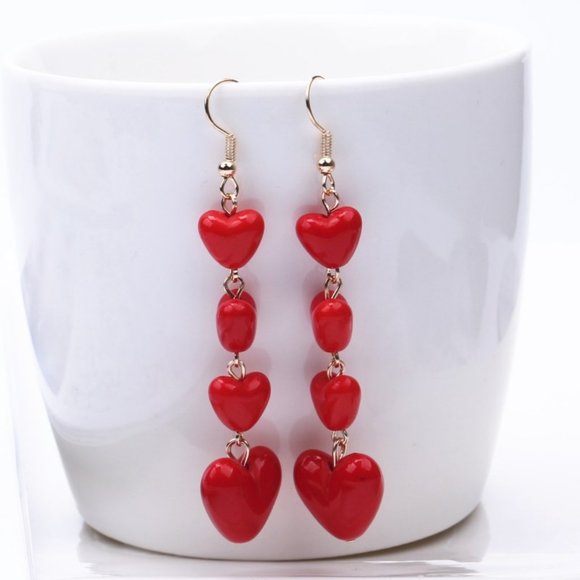 Lovely Heart Pendant Long Tassel Earrings Red Peach Heart Drop Earrings … - Picture 5 of 6